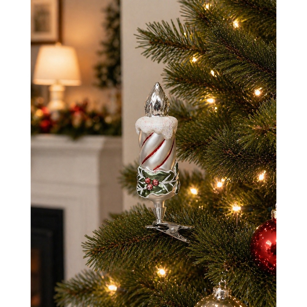 Dept 56 Glass Clip On Candle Ornament Glitter Holly Christmas Tree 5"
